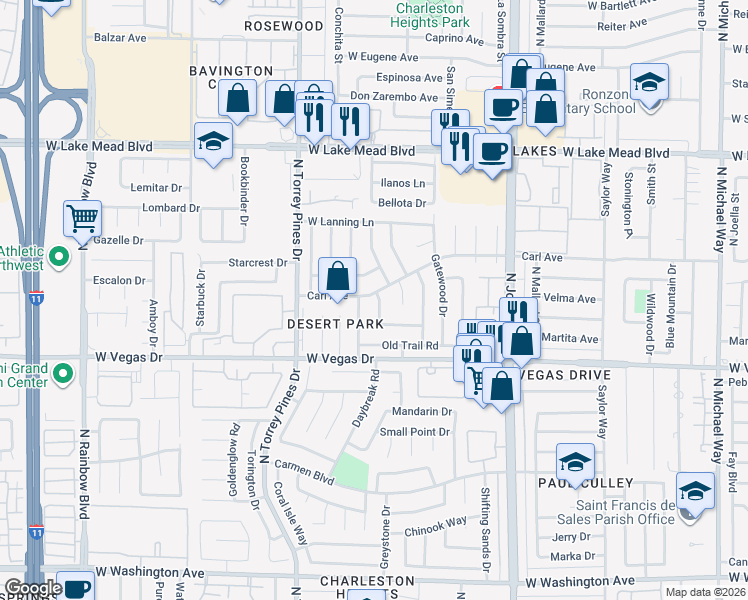map of restaurants, bars, coffee shops, grocery stores, and more near 1720 Rockcrest Dr in Las Vegas