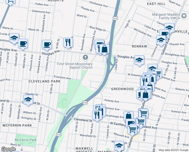 map of restaurants, bars, coffee shops, grocery stores, and more near 882 Sharpe Avenue in Nashville