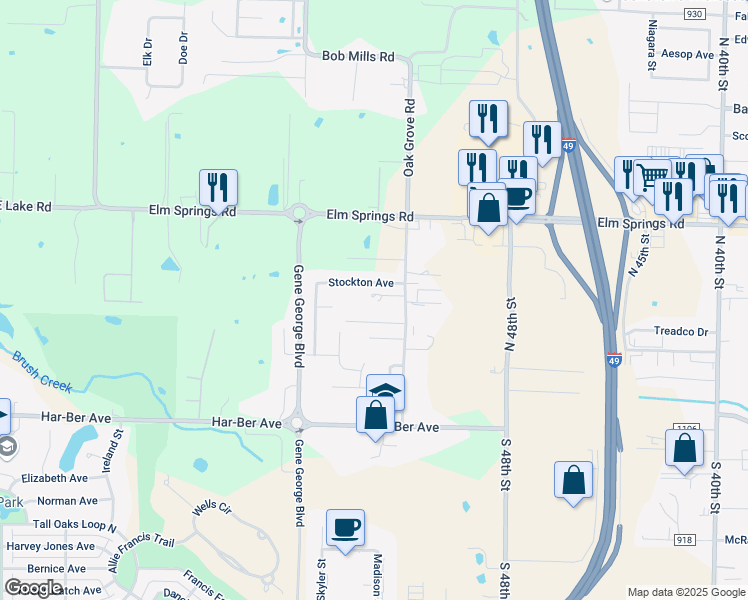 map of restaurants, bars, coffee shops, grocery stores, and more near 600 Oak Grove Road in Springdale