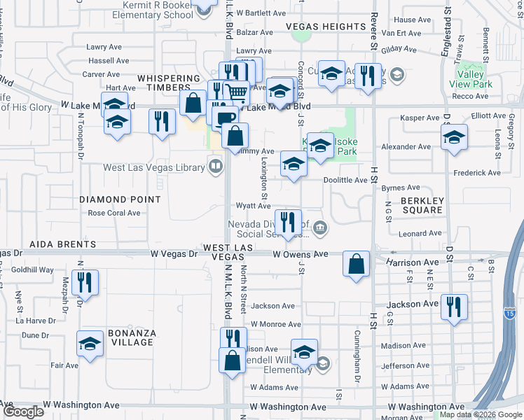 map of restaurants, bars, coffee shops, grocery stores, and more near 1201 Wyatt Avenue in Las Vegas