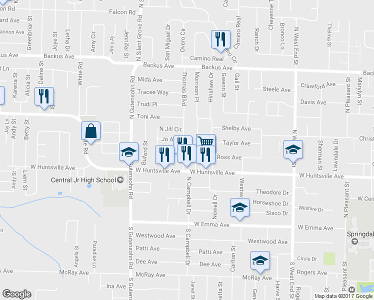 map of restaurants, bars, coffee shops, grocery stores, and more near 605 Thomas Boulevard in Springdale