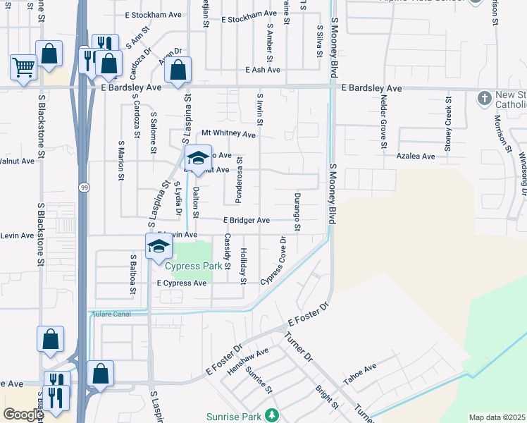 map of restaurants, bars, coffee shops, grocery stores, and more near 1730-1766 South Irwin Street in Tulare
