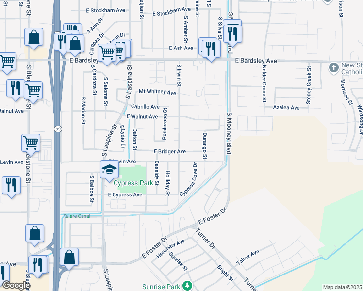 map of restaurants, bars, coffee shops, grocery stores, and more near 1730 S Irwin St in Tulare