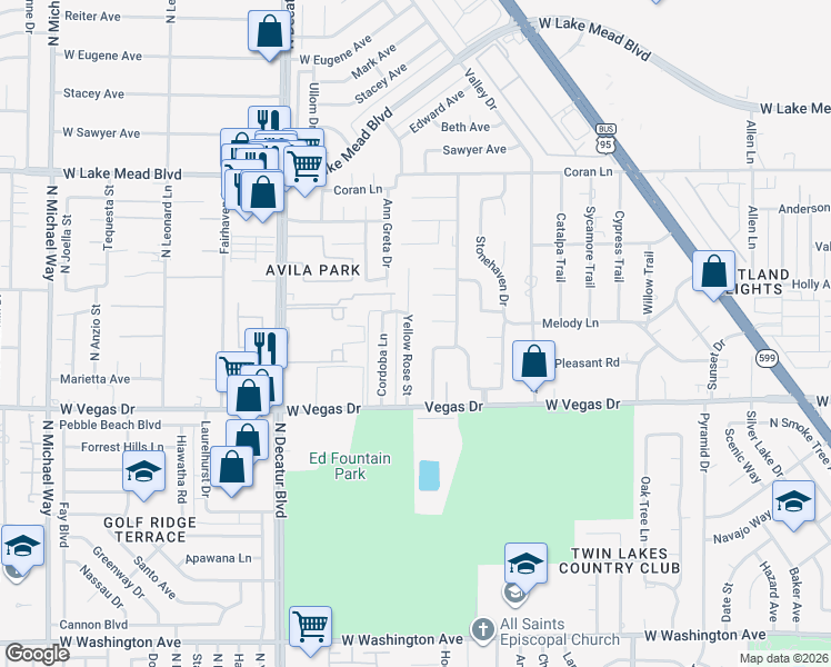 map of restaurants, bars, coffee shops, grocery stores, and more near 1732 Yellow Rose Street in Las Vegas