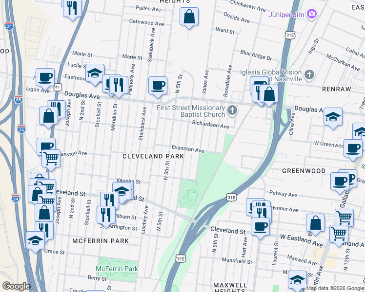 map of restaurants, bars, coffee shops, grocery stores, and more near 507 Evanston Avenue in Nashville