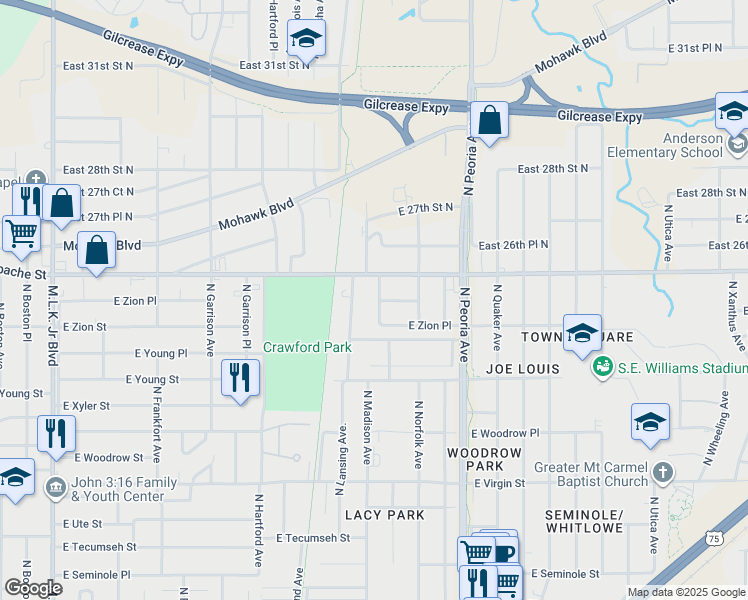 map of restaurants, bars, coffee shops, grocery stores, and more near 2540 North Madison Avenue in Tulsa