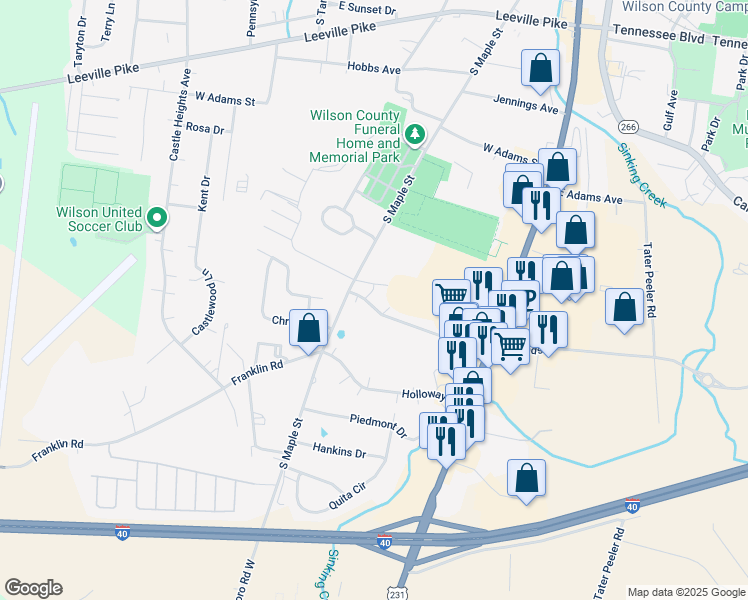 map of restaurants, bars, coffee shops, grocery stores, and more near 215 Ligon Drive in Lebanon