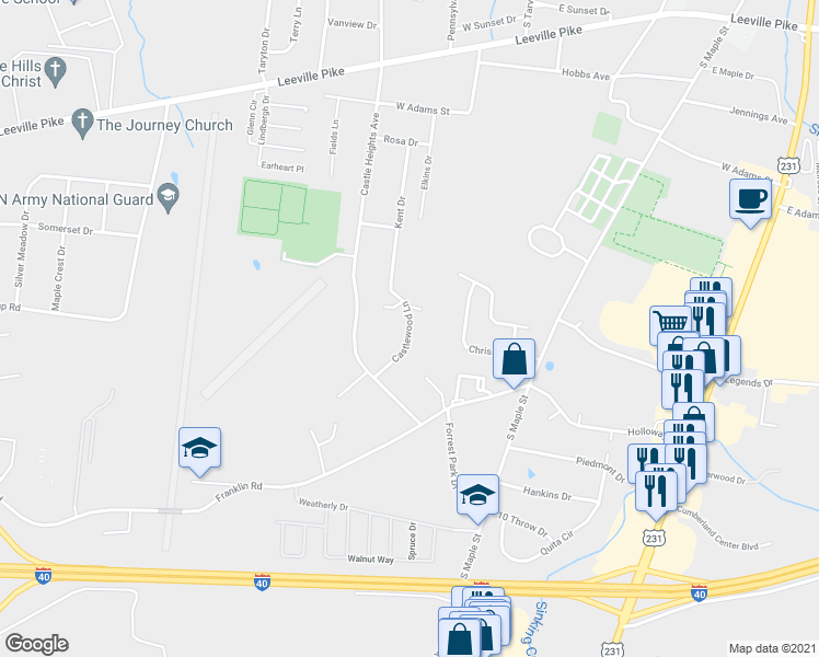 map of restaurants, bars, coffee shops, grocery stores, and more near 393 Castlewood Lane in Lebanon