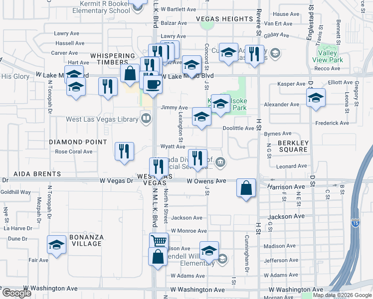 map of restaurants, bars, coffee shops, grocery stores, and more near 1113 Wyatt Avenue in Las Vegas