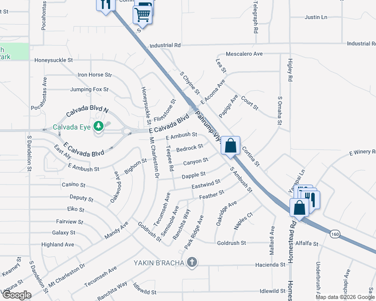 map of restaurants, bars, coffee shops, grocery stores, and more near 2561 Bedrock Street in Pahrump
