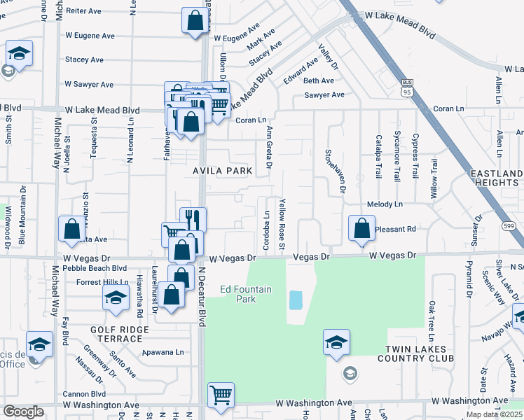 map of restaurants, bars, coffee shops, grocery stores, and more near 1713 Cordoba Lane in Las Vegas