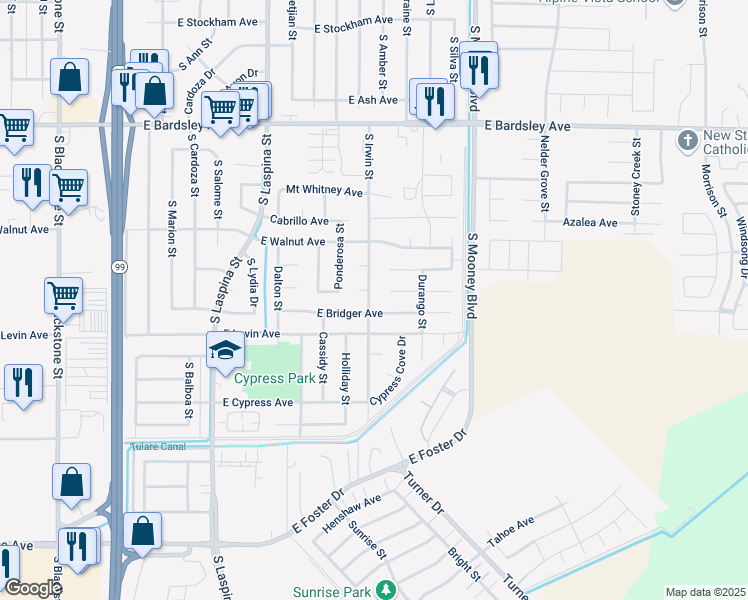 map of restaurants, bars, coffee shops, grocery stores, and more near 1730 South Irwin Street in Tulare