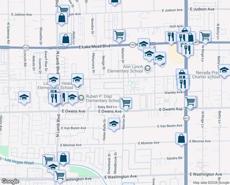 map of restaurants, bars, coffee shops, grocery stores, and more near 4622 Little Wren Lane in Las Vegas