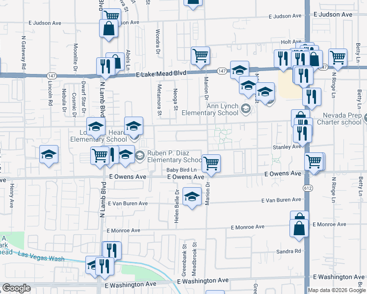 map of restaurants, bars, coffee shops, grocery stores, and more near 4622 Little Wren Lane in Las Vegas
