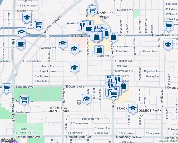 map of restaurants, bars, coffee shops, grocery stores, and more near Reynolds Avenue in North Las Vegas