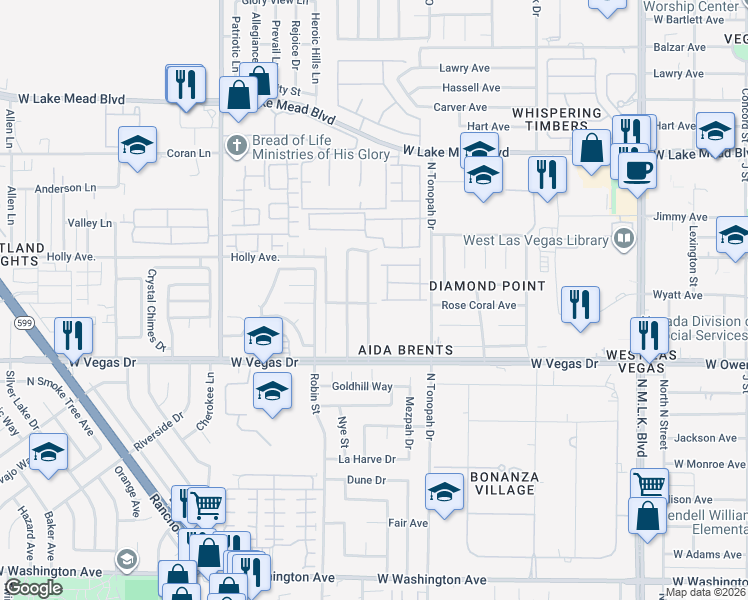 map of restaurants, bars, coffee shops, grocery stores, and more near 1801 Ludwig Drive in Las Vegas