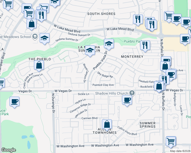 map of restaurants, bars, coffee shops, grocery stores, and more near 1709 Wandering Winds Way in Las Vegas