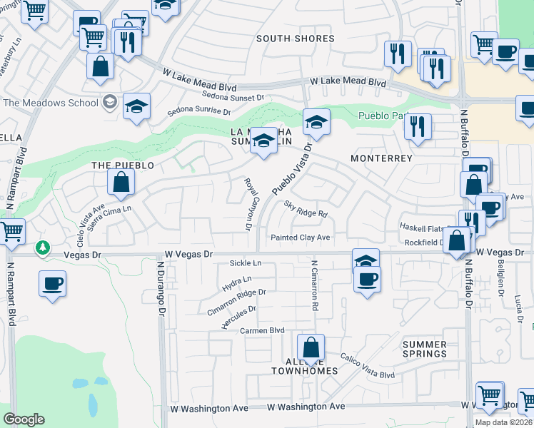 map of restaurants, bars, coffee shops, grocery stores, and more near 1709 Wandering Winds Way in Las Vegas