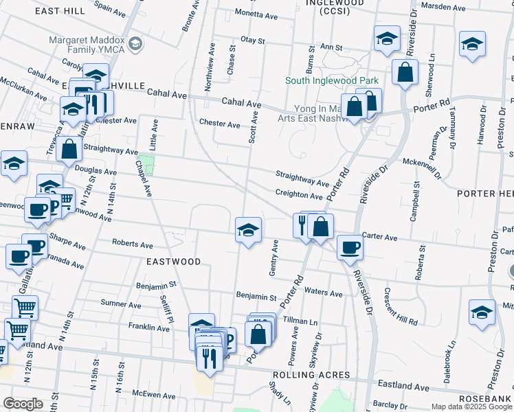 map of restaurants, bars, coffee shops, grocery stores, and more near 412 Scott Avenue in Nashville