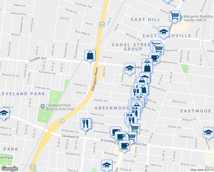 map of restaurants, bars, coffee shops, grocery stores, and more near 930 West Greenwood Avenue in Nashville