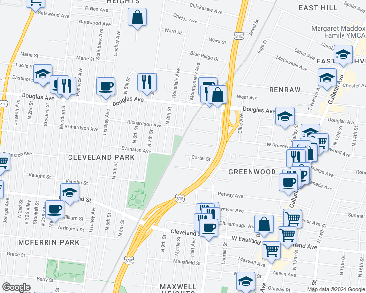 map of restaurants, bars, coffee shops, grocery stores, and more near 867 Carter Street in Nashville