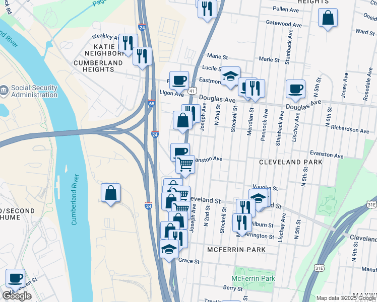 map of restaurants, bars, coffee shops, grocery stores, and more near 1104 Joseph Avenue in Nashville