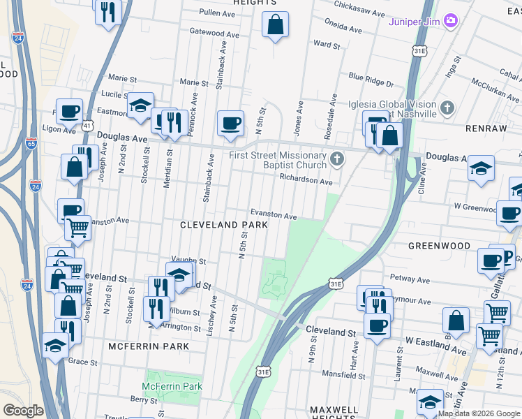 map of restaurants, bars, coffee shops, grocery stores, and more near 507 Evanston Avenue in Nashville