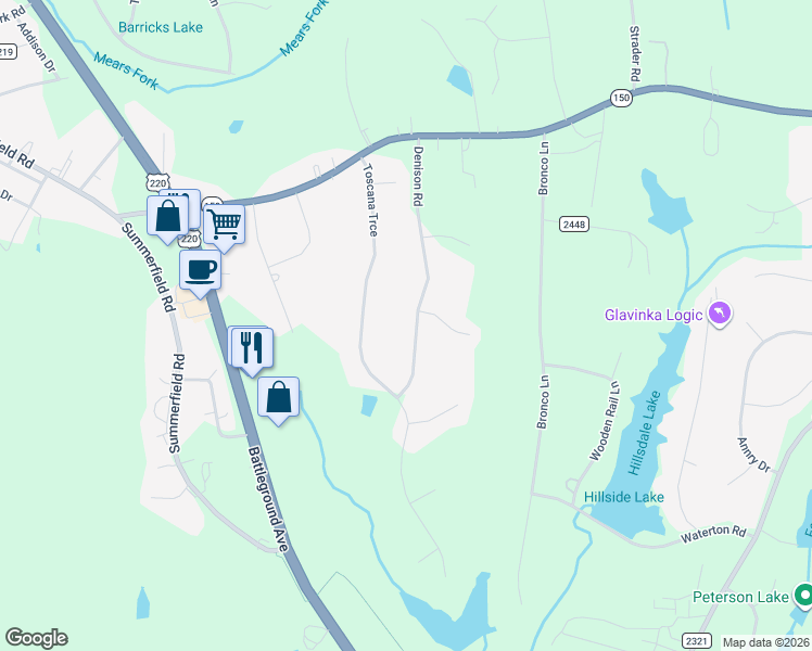 map of restaurants, bars, coffee shops, grocery stores, and more near 7029 Denison Road in Summerfield