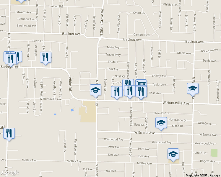map of restaurants, bars, coffee shops, grocery stores, and more near 600 Jill Circle in Springdale