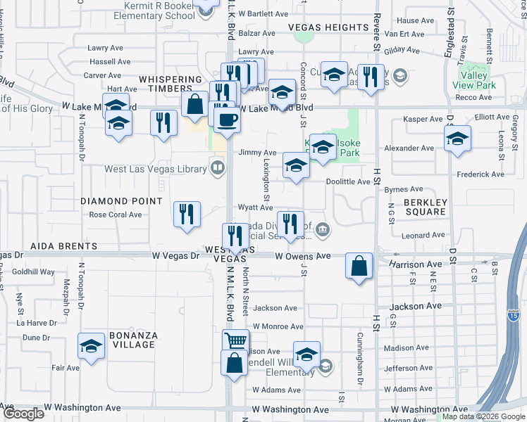 map of restaurants, bars, coffee shops, grocery stores, and more near 1201 Wyatt Avenue in Las Vegas