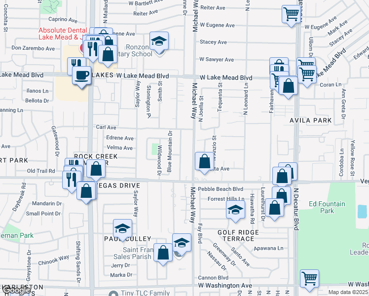 map of restaurants, bars, coffee shops, grocery stores, and more near 1710 Shadow Mountain Place in Las Vegas