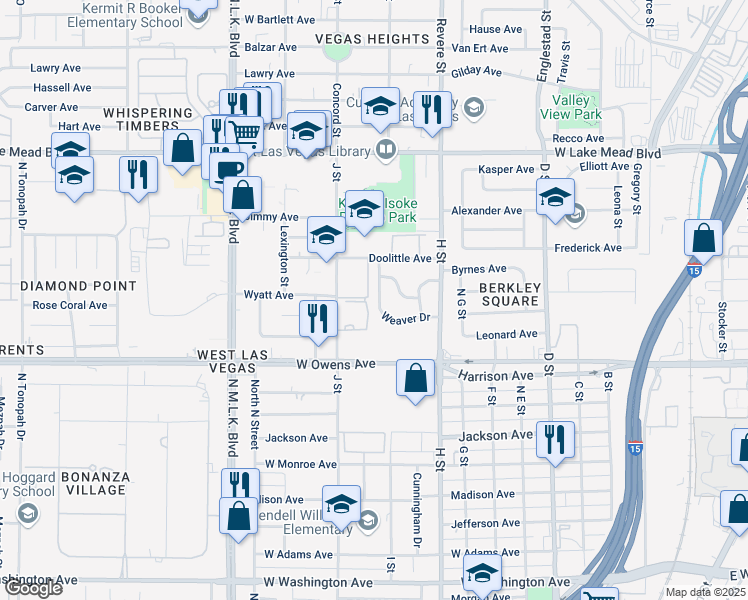map of restaurants, bars, coffee shops, grocery stores, and more near 1011 Weaver Drive in Las Vegas