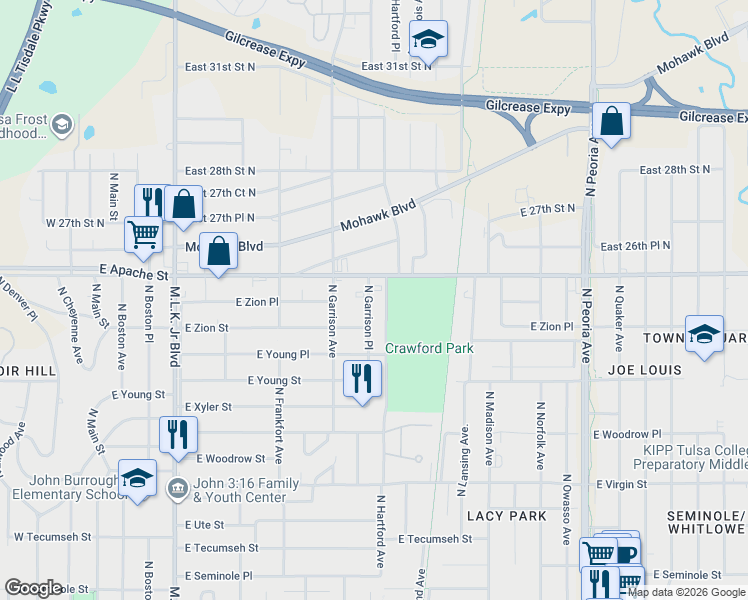 map of restaurants, bars, coffee shops, grocery stores, and more near 2529 North Garrison Place in Tulsa
