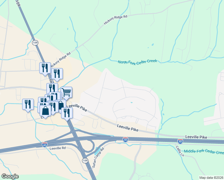 map of restaurants, bars, coffee shops, grocery stores, and more near 107 Jonquil Way in Lebanon