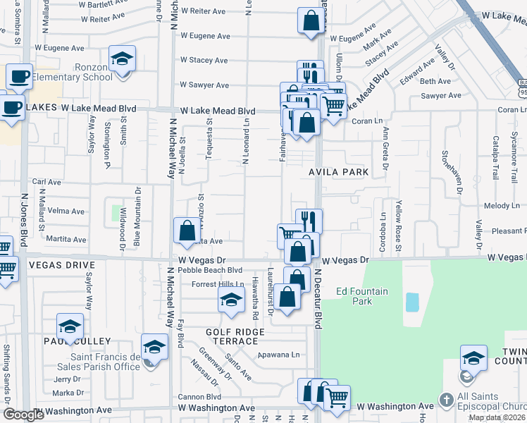 map of restaurants, bars, coffee shops, grocery stores, and more near 1744 North Leonard Lane in Las Vegas