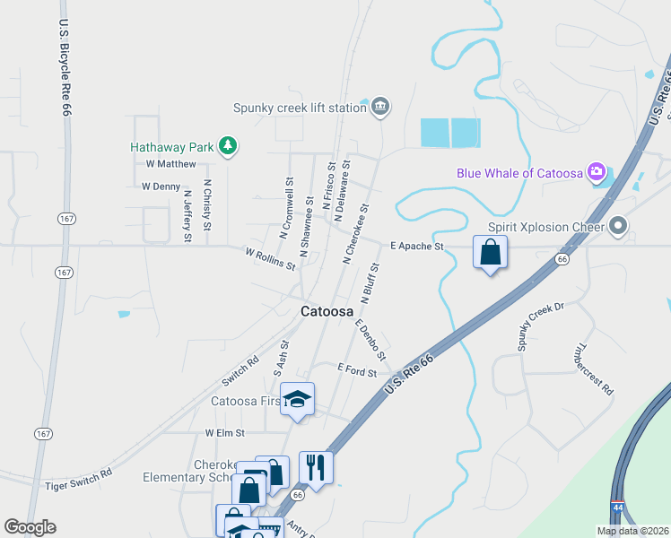 map of restaurants, bars, coffee shops, grocery stores, and more near 206 North Cherokee Street in Catoosa