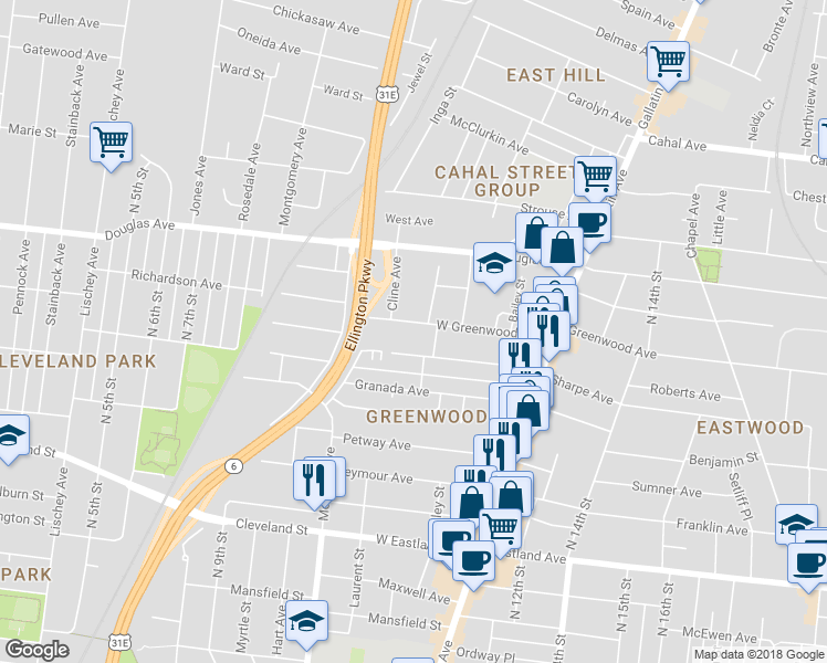 map of restaurants, bars, coffee shops, grocery stores, and more near 930 West Greenwood Avenue in Nashville