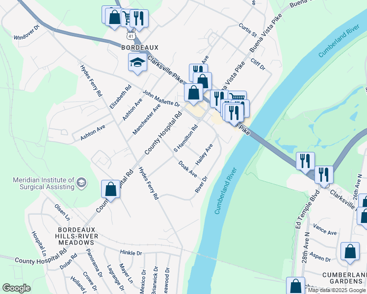 map of restaurants, bars, coffee shops, grocery stores, and more near 1806 South Hamilton Road in Nashville