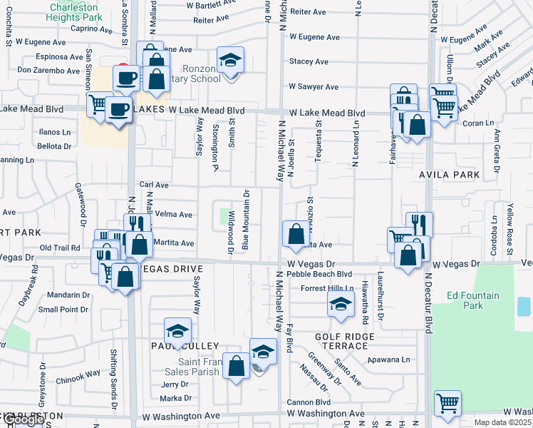 map of restaurants, bars, coffee shops, grocery stores, and more near 1710 Shadow Mountain Place in Las Vegas