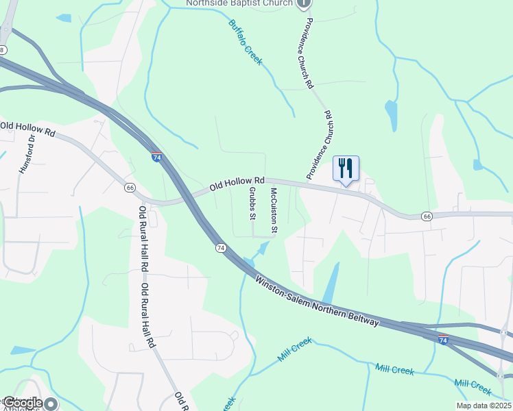map of restaurants, bars, coffee shops, grocery stores, and more near 5445 Grubbs Street in Winston-Salem