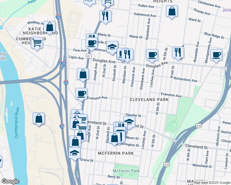 map of restaurants, bars, coffee shops, grocery stores, and more near 1106 Stockell Street in Nashville