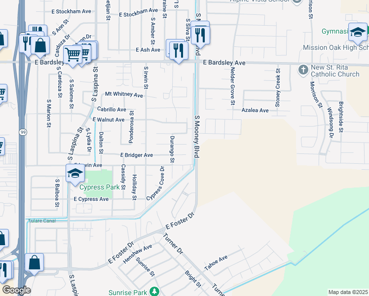 map of restaurants, bars, coffee shops, grocery stores, and more near 2047 Stagecoach Place in Tulare