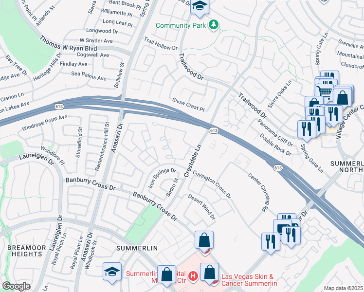 map of restaurants, bars, coffee shops, grocery stores, and more near 10205 Camborne Avenue in Las Vegas