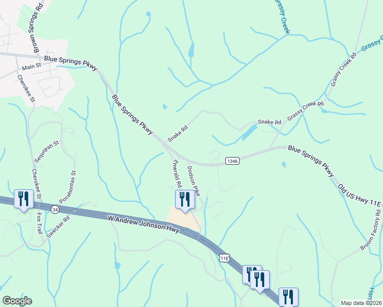 map of restaurants, bars, coffee shops, grocery stores, and more near 6274 Blue Springs Parkway in Mosheim