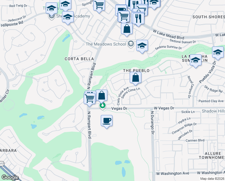 map of restaurants, bars, coffee shops, grocery stores, and more near 1709 Tesara Vista Place in Las Vegas
