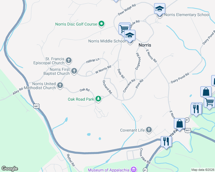 map of restaurants, bars, coffee shops, grocery stores, and more near 115 Orchard Road in Norris