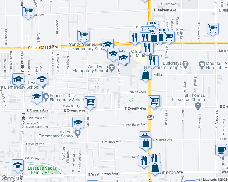map of restaurants, bars, coffee shops, grocery stores, and more near 1660 North Lamont Street in Las Vegas
