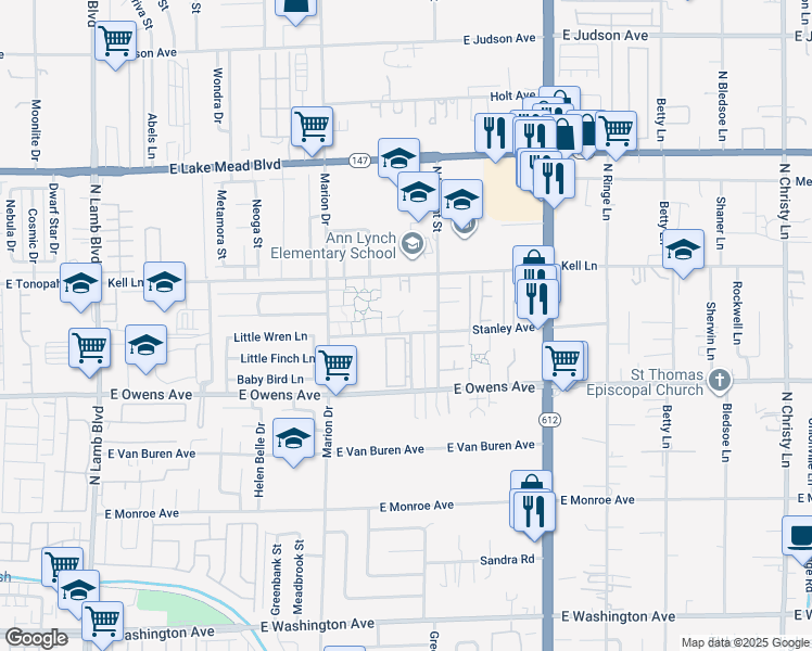 map of restaurants, bars, coffee shops, grocery stores, and more near 3 Breckenwood Court in Las Vegas
