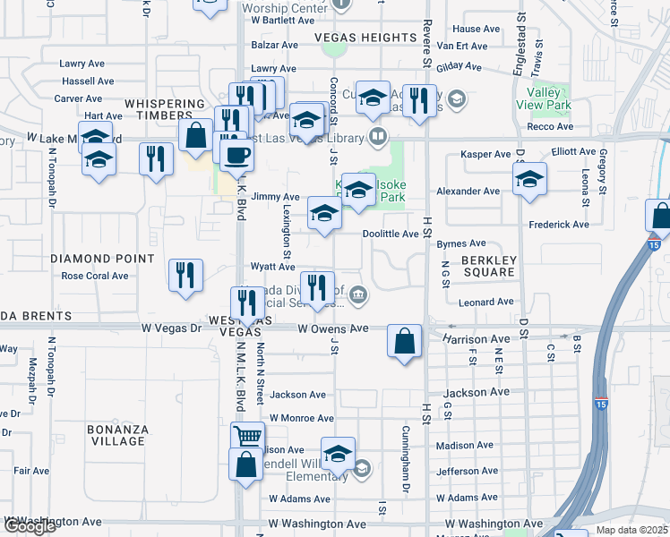 map of restaurants, bars, coffee shops, grocery stores, and more near 1652 J Street in Las Vegas