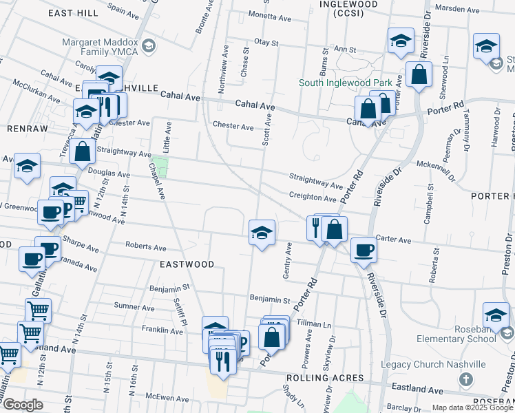 map of restaurants, bars, coffee shops, grocery stores, and more near 412 Scott Avenue in Nashville